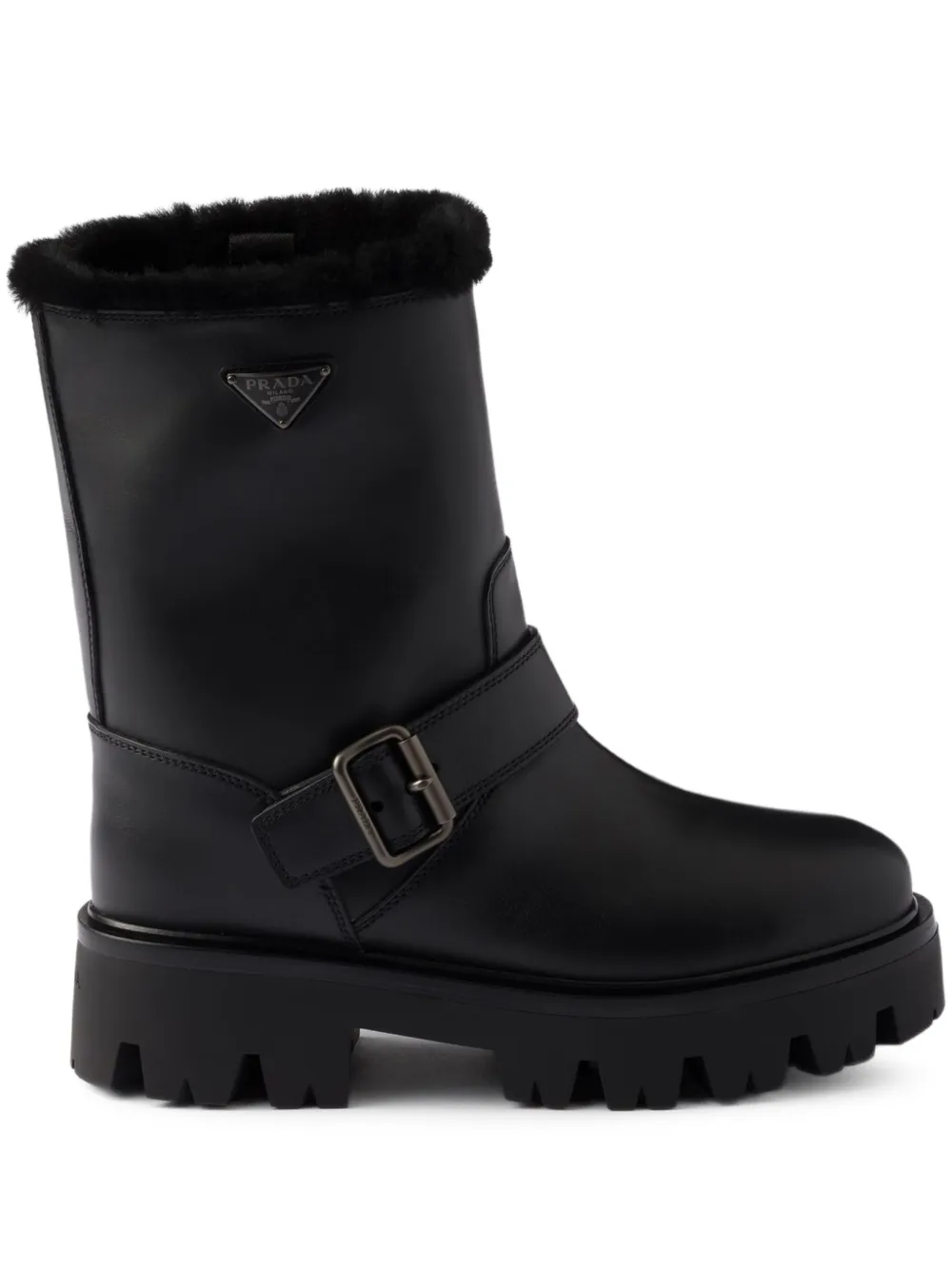 Prada Buckle-fastening Shearling Boots In Black