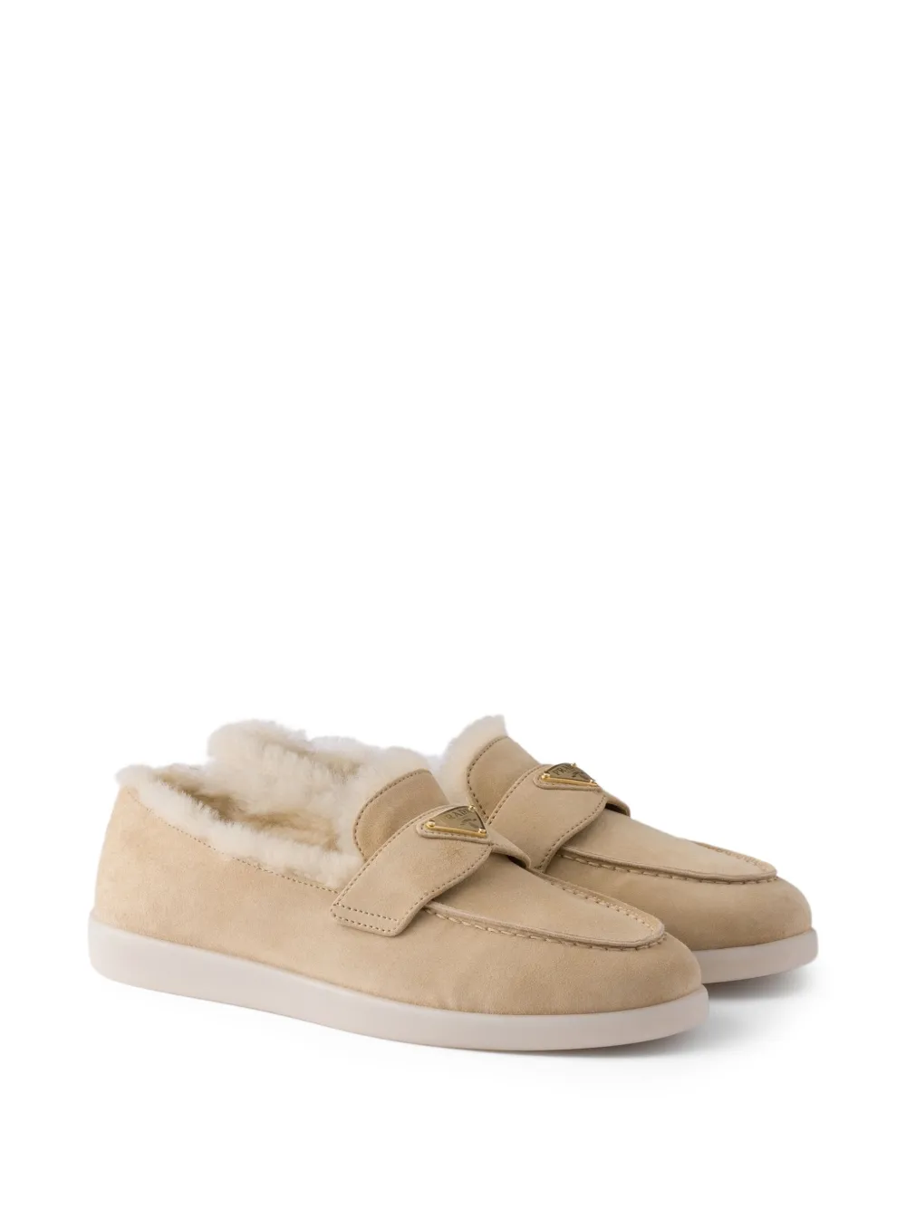 Prada Suede Shearling Loafers In Neutral