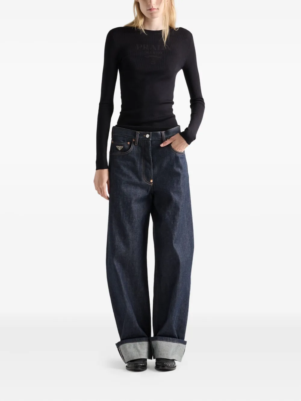 Prada Superfine geribbelde trui met intarsia logo Blauw