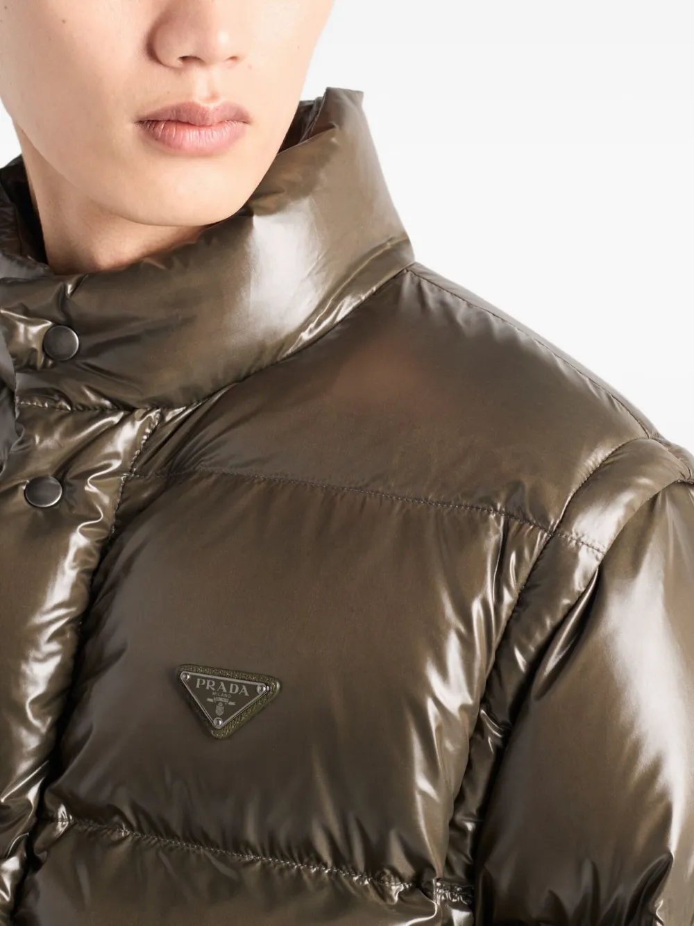 Prada Medium Weight Down Jacket With High Collar In Brown