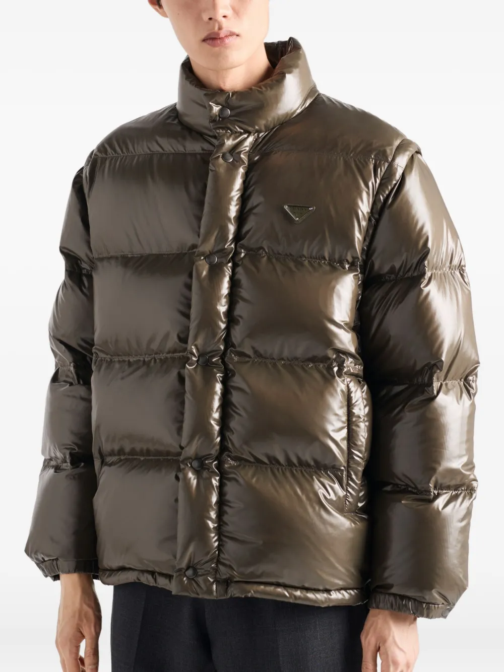 Prada Medium Weight Down Jacket With High Collar In Brown