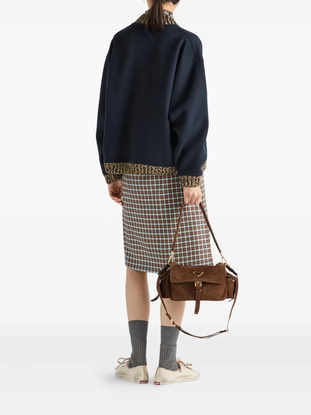 Prada Womens Light Blue Checked Stretch-silk Midi Skirt In Blue