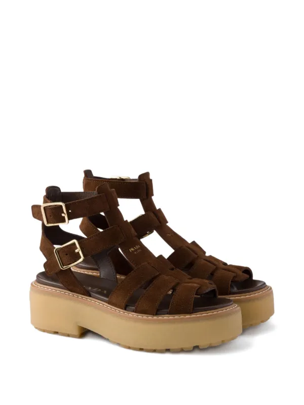 Prada Suede Gladiator Platform Sandals | Brown | FARFETCH
