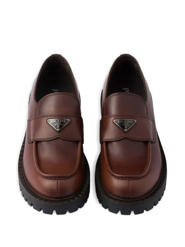 Prada enamel-triangle Logo Loafers | Brown | FARFETCH