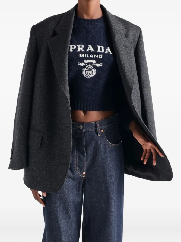 Prada intarsia-logo ribbed-knit Sweater | Blue | FARFETCH