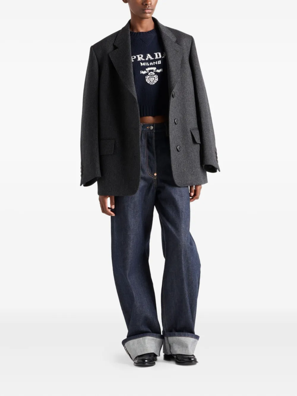 Prada Ribgebreide trui met intarsia-logo Blauw