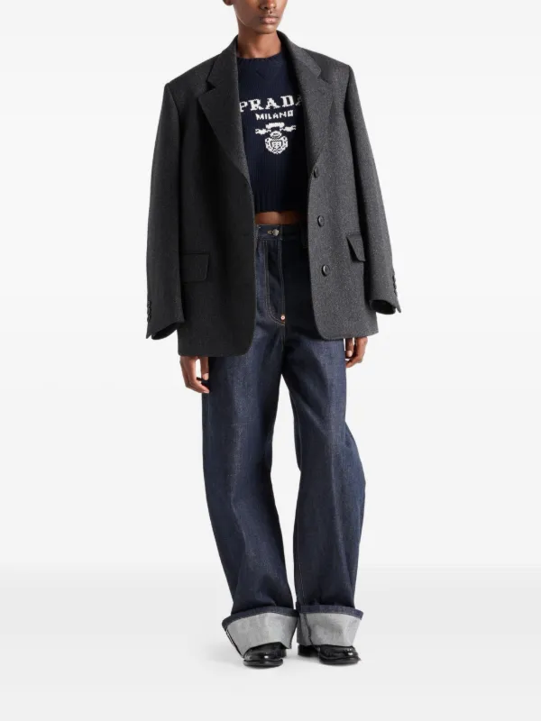Prada intarsia-logo ribbed-knit Sweater | Blue | FARFETCH