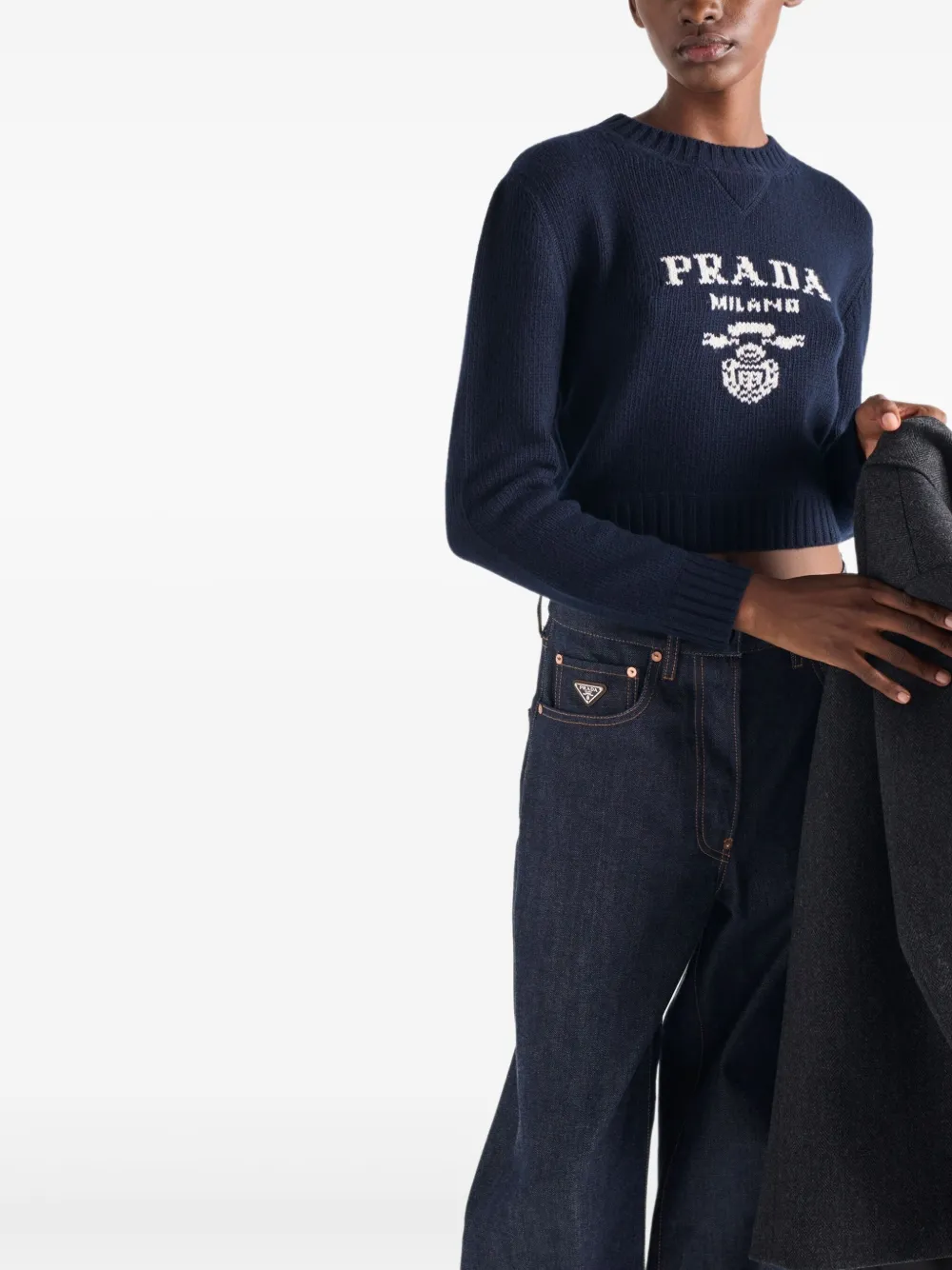 Prada Ribgebreide trui met intarsia-logo Blauw