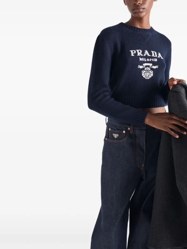 Prada インターシャロゴ リブニットセーター | ブルー | FARFETCH JP