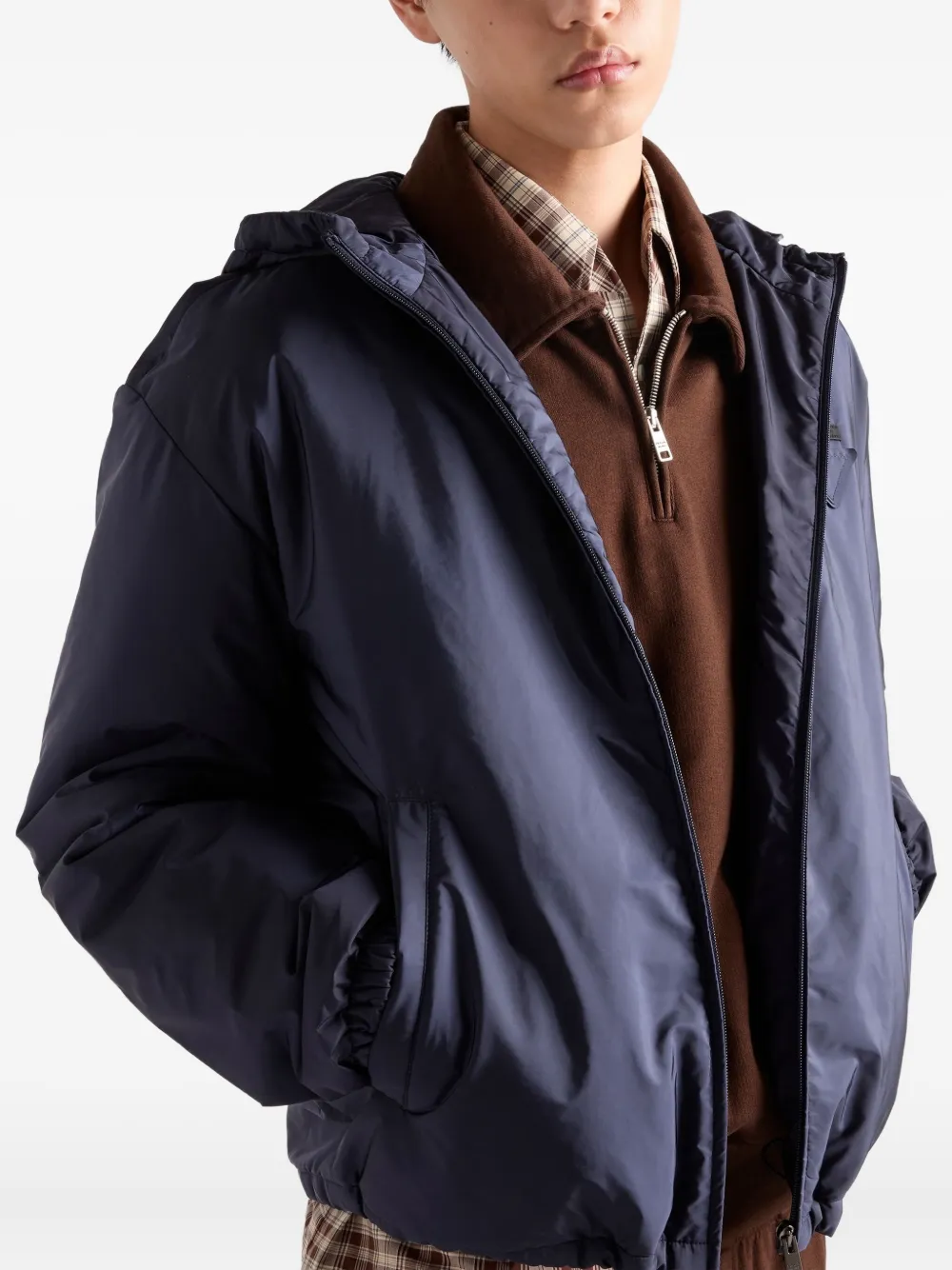 Prada Padded Jacket With Collared Design And Front Pocket In Blue