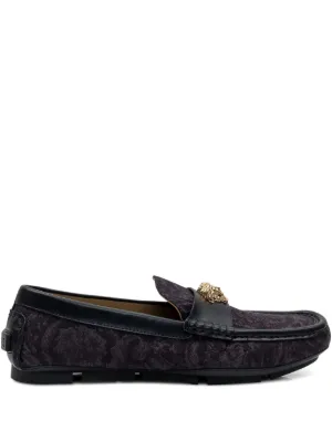 white christmas dresses VERSACE Size 9 Black Gold Embroidery Velvet Slip On Loafers main image 1
