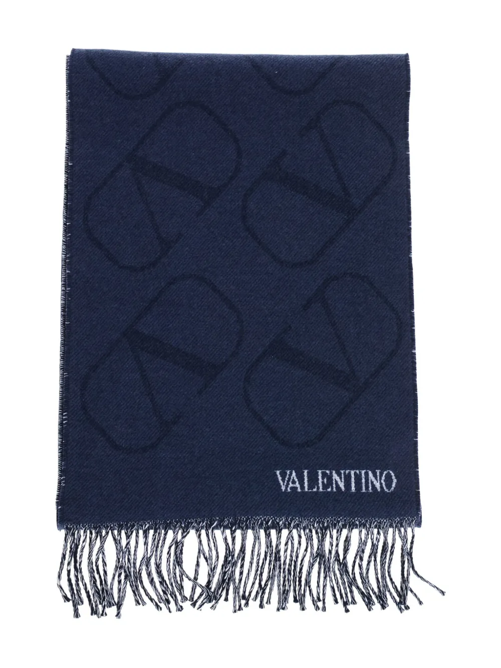 Valentino Monogram Fringed Scarf In Blue