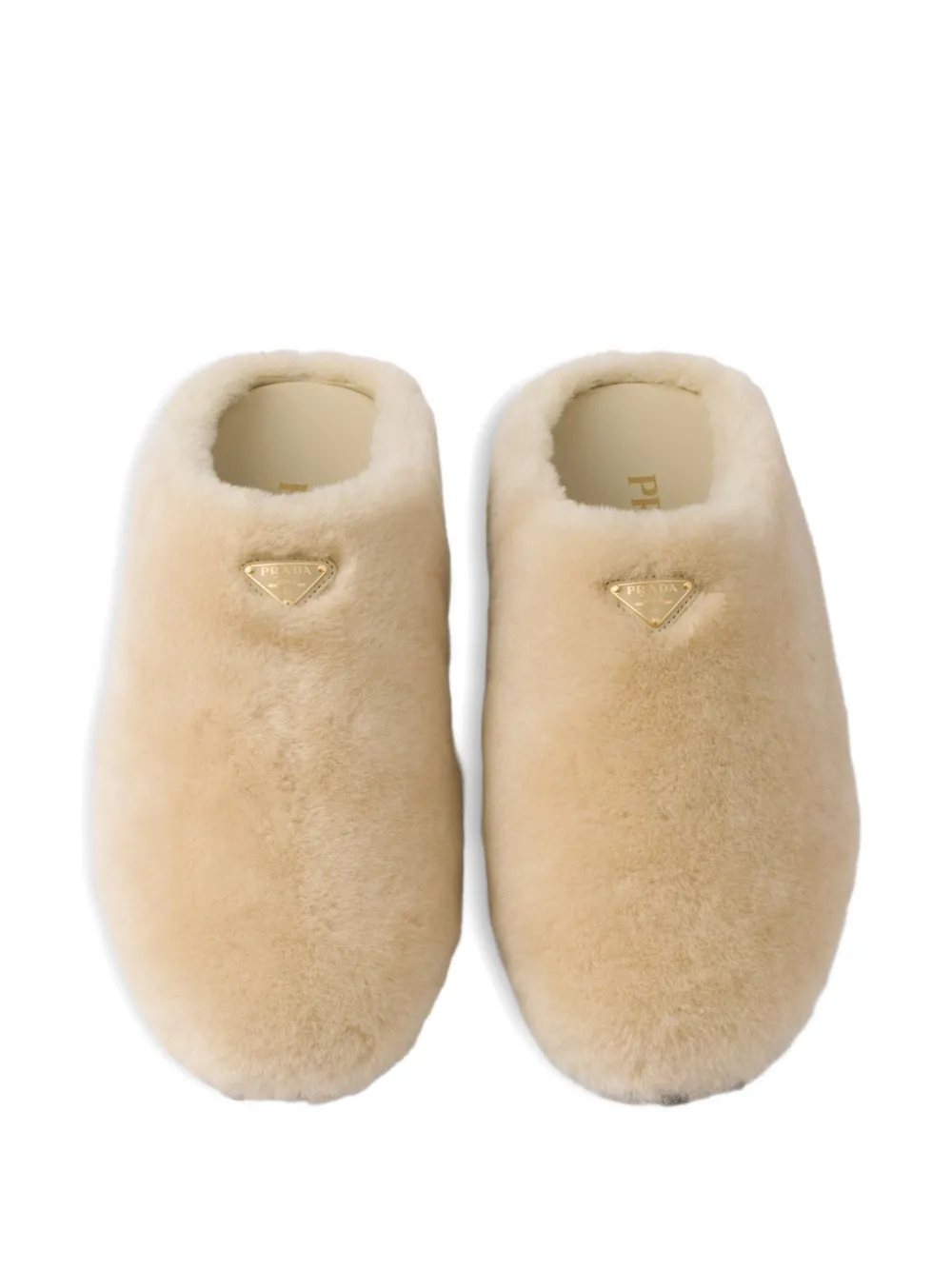 Prada Triangle-logo Shearling Mules In Neutral