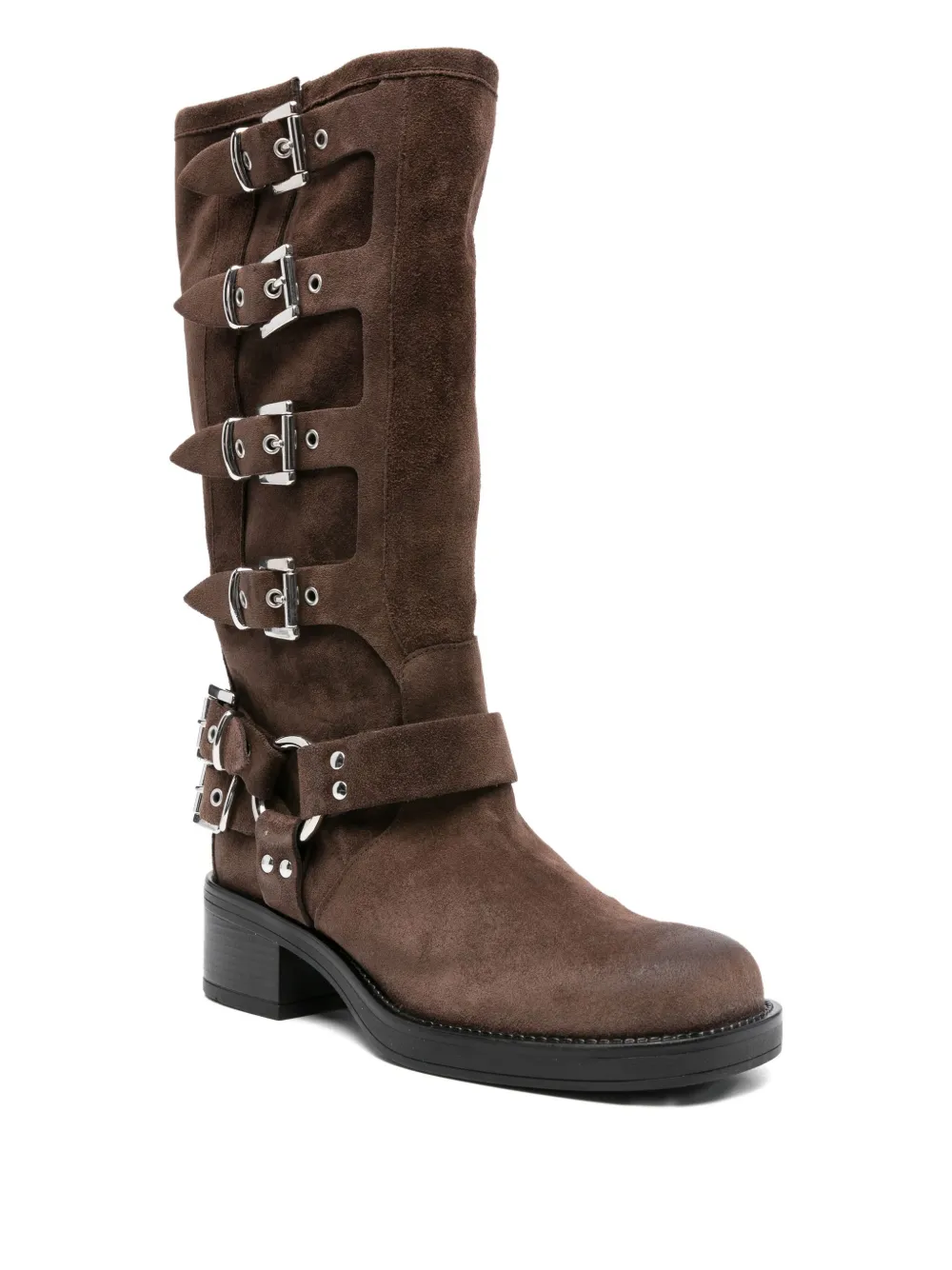 Gisel Moire 45mm Windsor buckle-detail suede biker boots Brown