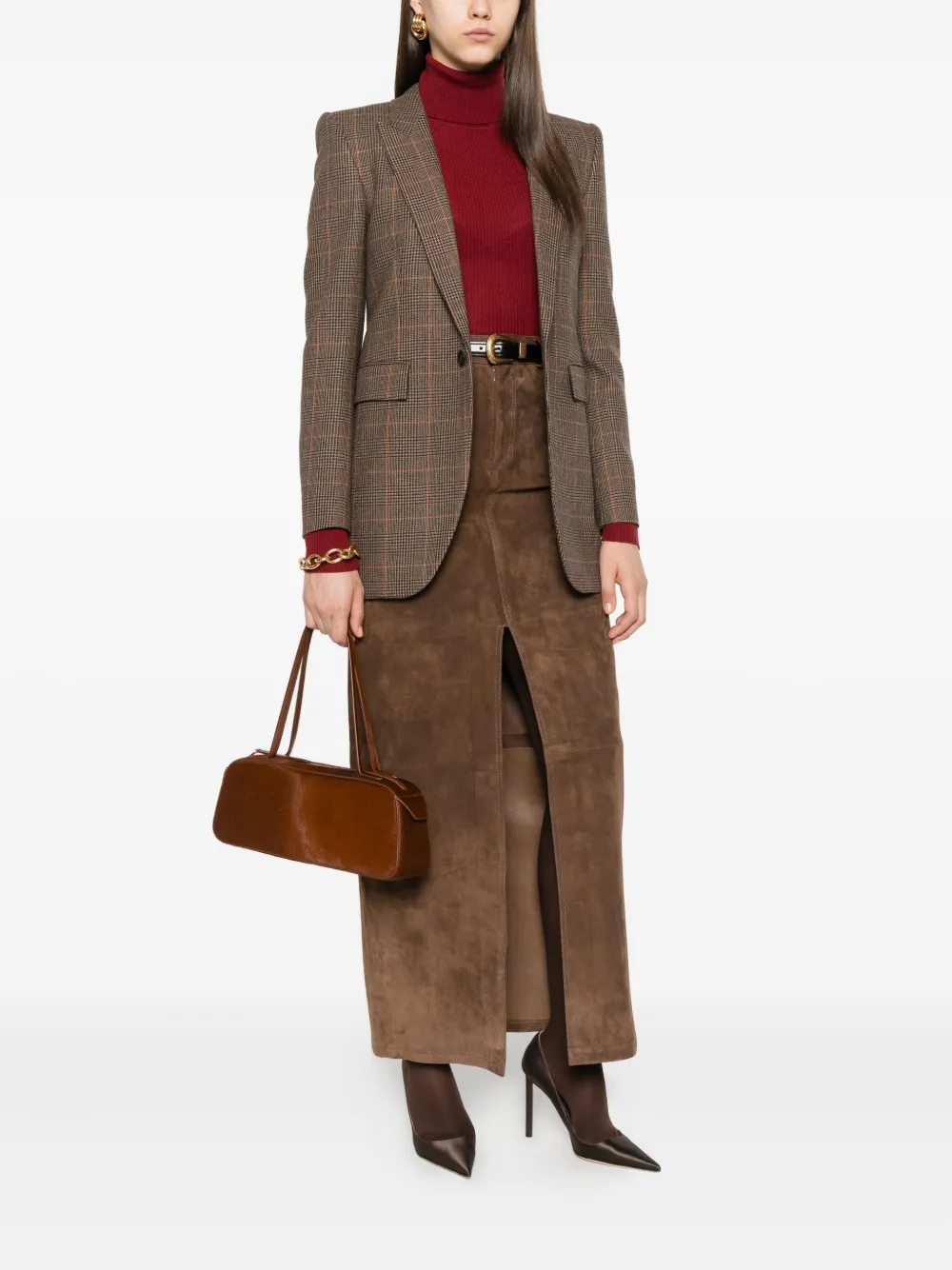 Saint Laurent Checked Single-breasted Blazer In Brown