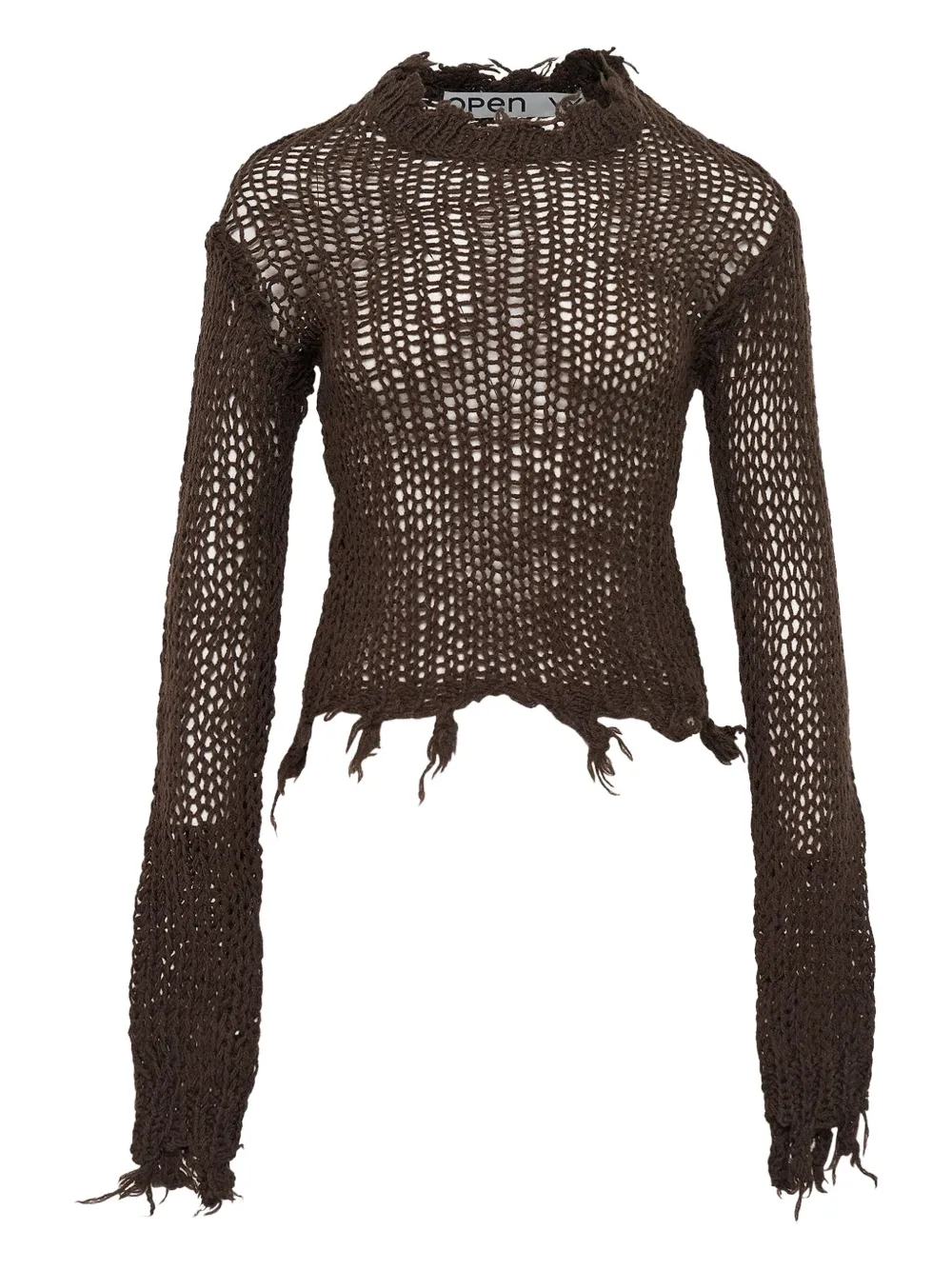 Open Yy Distressed Crop Knit Sweater In Brown