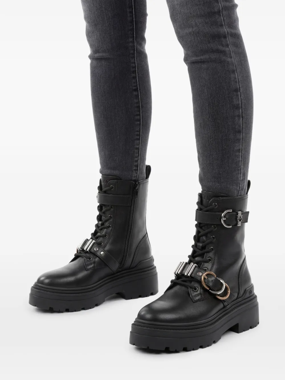 PINKO Leren combat boots Zwart