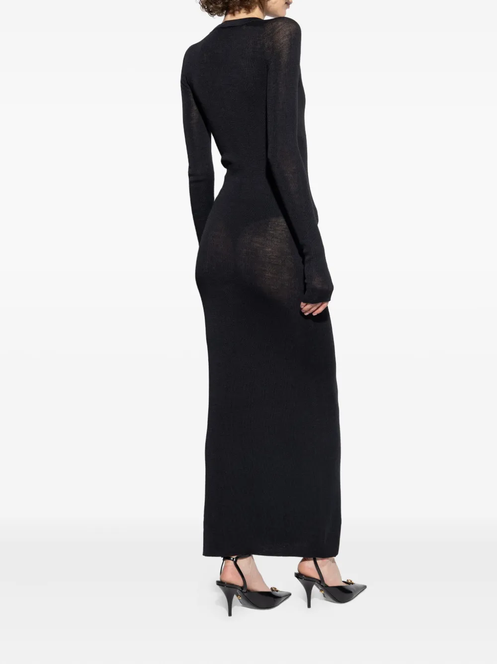 Versace Long Fitted Wool Dress With Gold-tone Button In Black