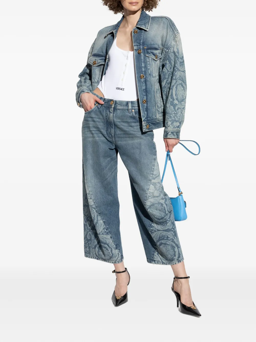Versace floral-print denim jacket Blauw