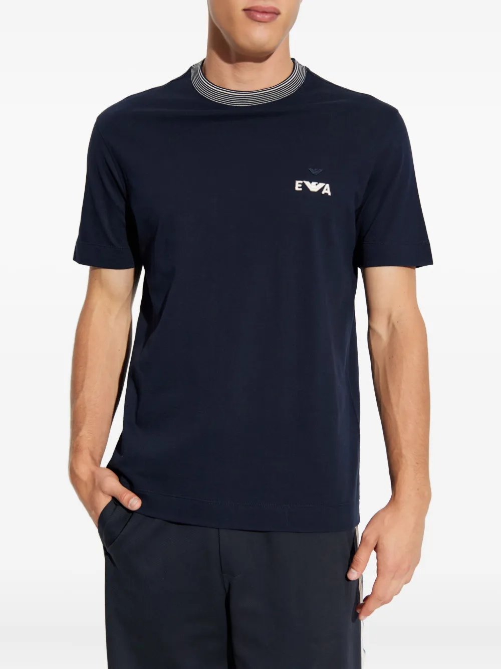 Emporio Armani T-shirt met geribbelde kraag en logo Blauw