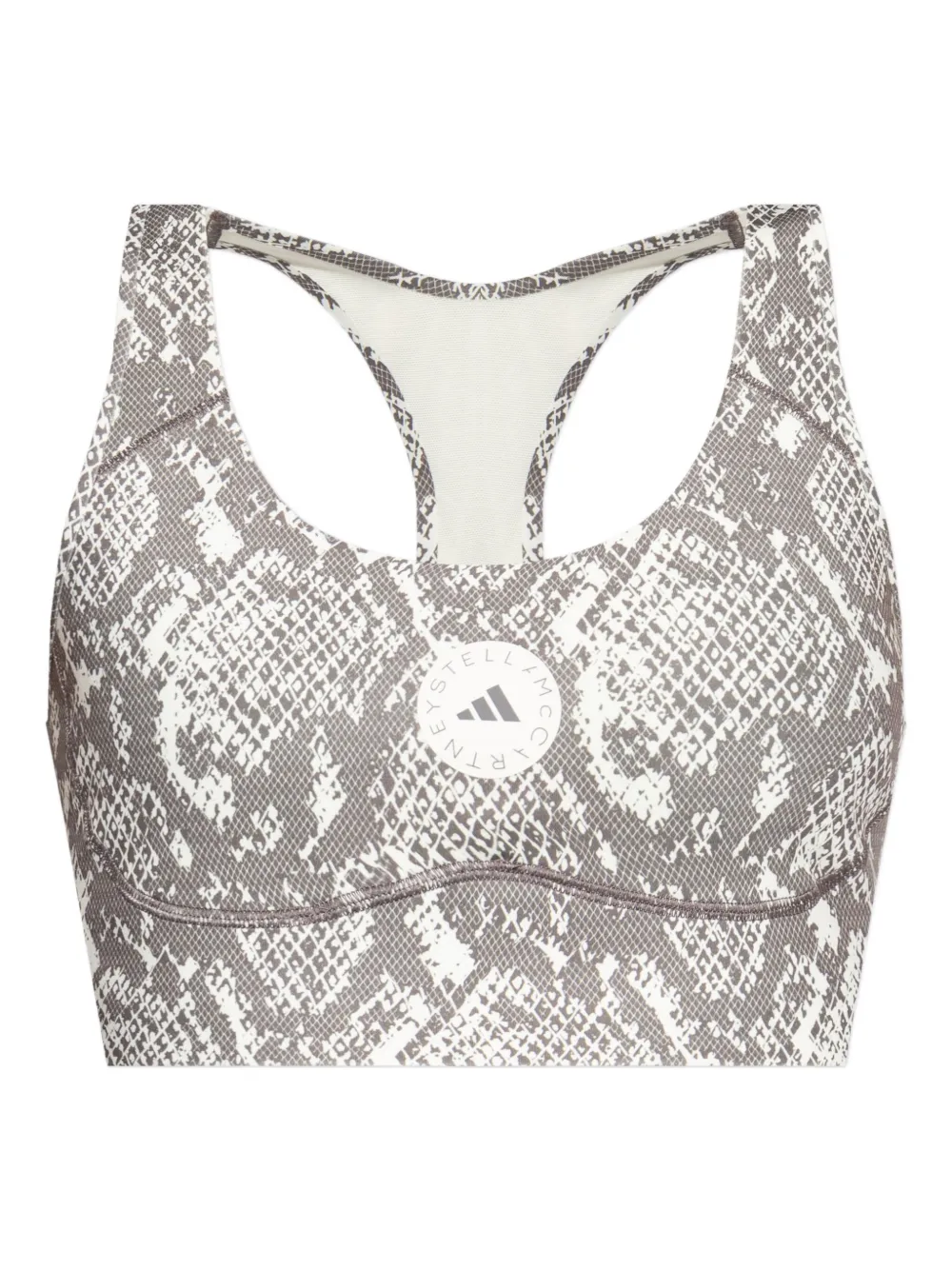Adidas By Stella Mccartney Racer-back Snake-print Sports Bra In Gray