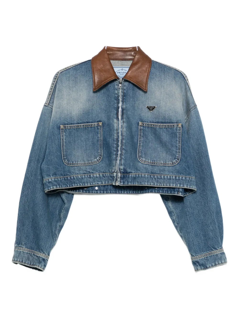 Prada leather-collar denim jacket Blauw
