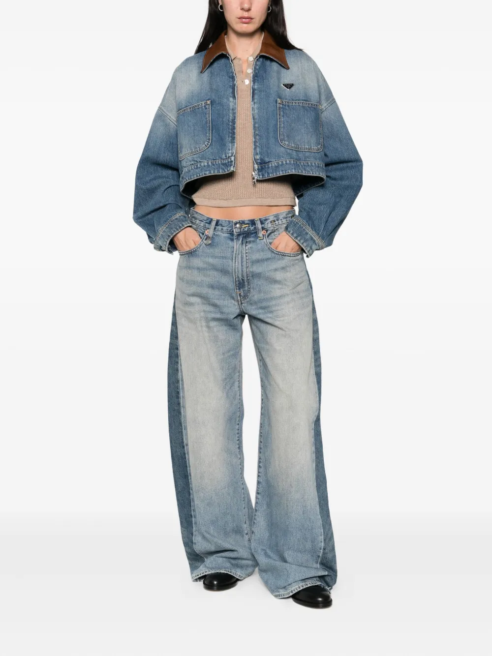 Prada leather-collar denim jacket Blauw