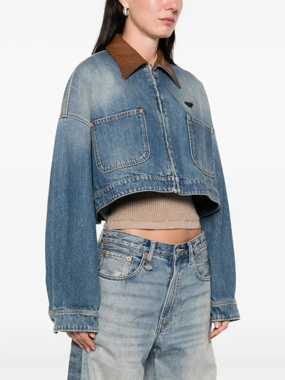 Prada Denim jack met leren kraag Blauw