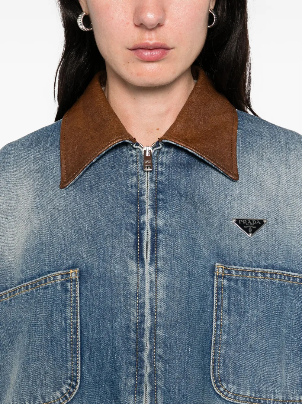 Prada Denim jack met leren kraag Blauw