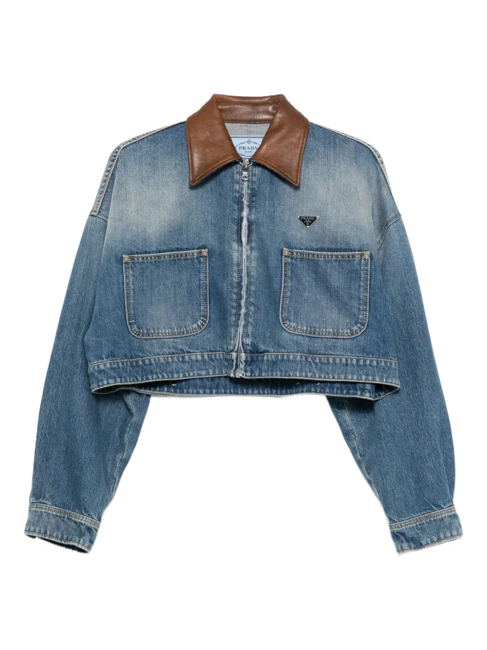 Prada leather-collar denim jacket Blauw
