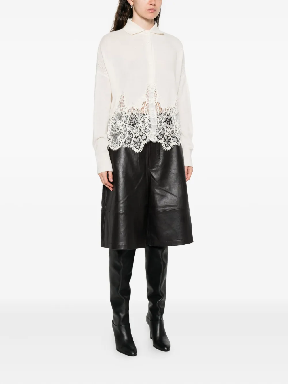 Ermanno Scervino Lace-trimmed Polo-neck Cardigan In White