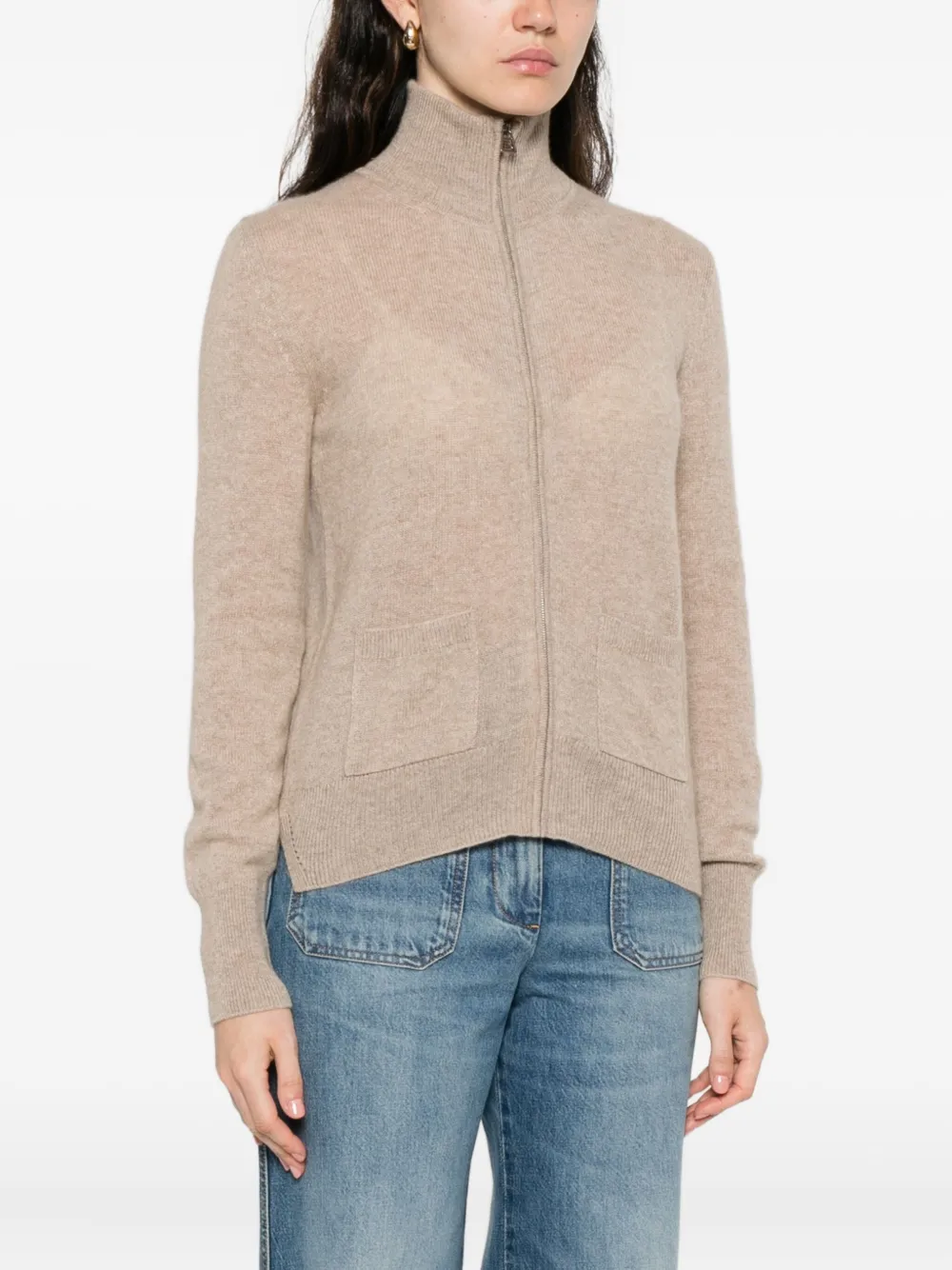 Ermanno Scervino High-neck Zip-front Cardigan In Brown