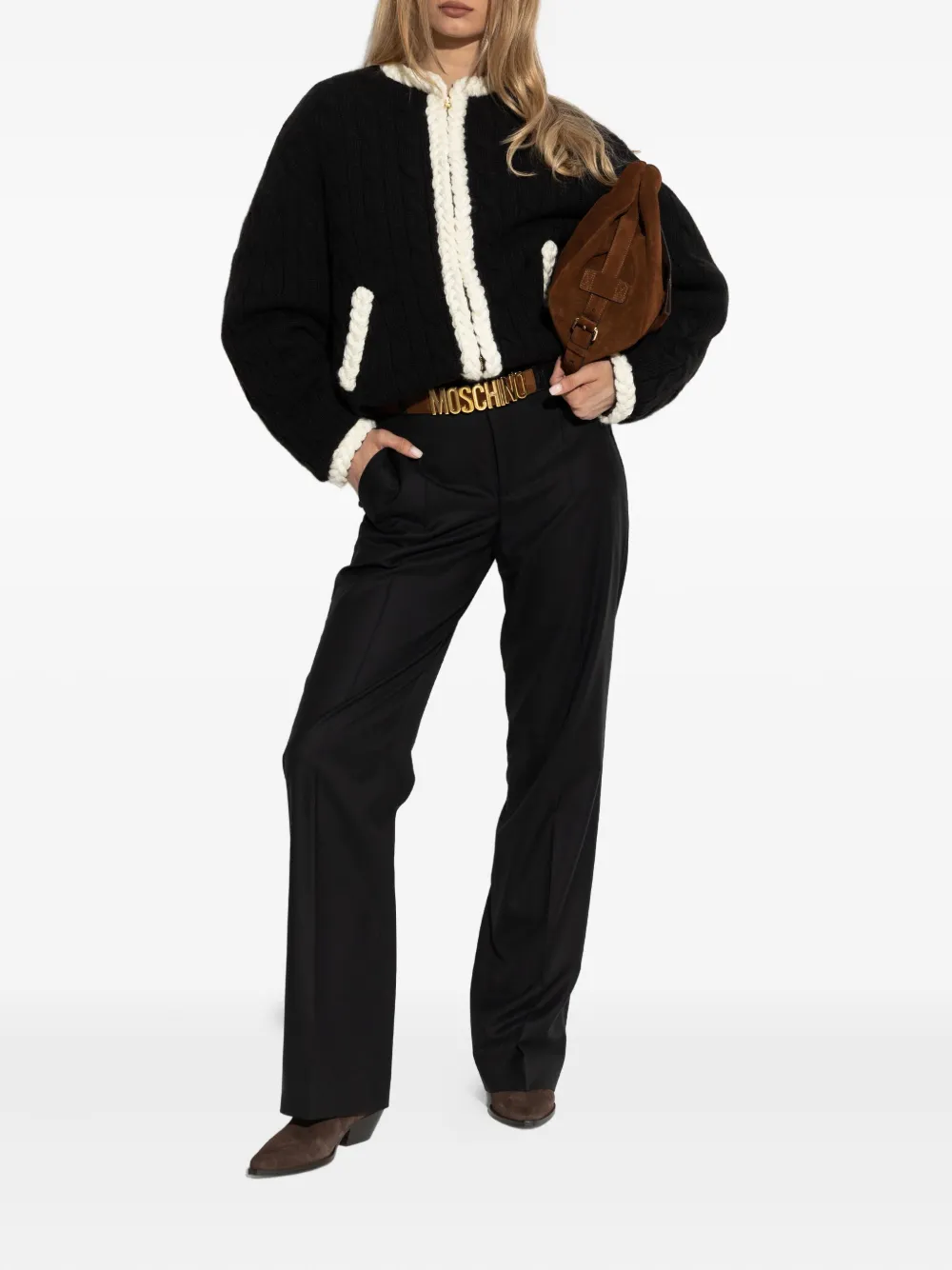Moschino Cable-knit Elbow-patch Jacket In Black
