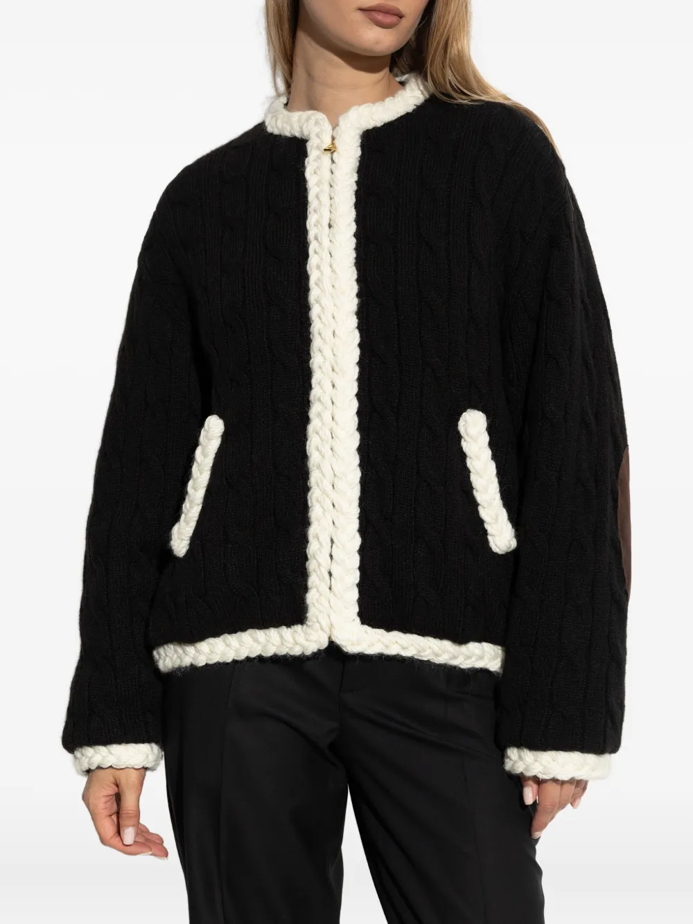 Moschino Cable-knit Elbow-patch Jacket In Black