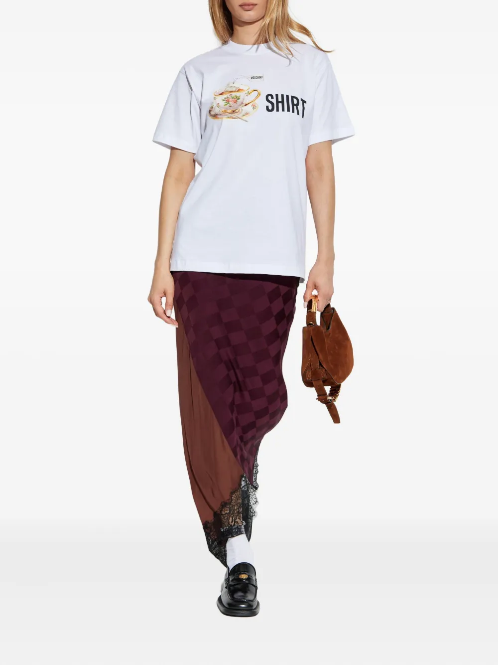 Moschino checked lace-trimmed asymmetric skirt Rood