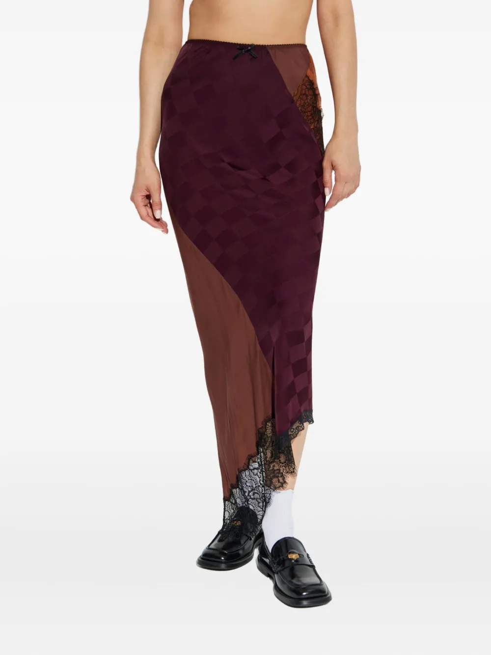 Moschino checked lace-trimmed asymmetric skirt Rood