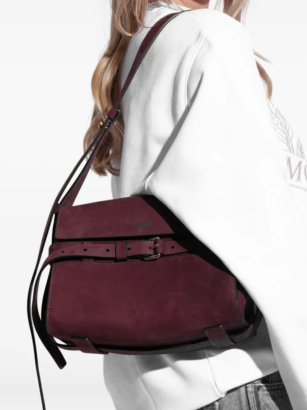 Moschino Tie Me suede shoulder bag Paars