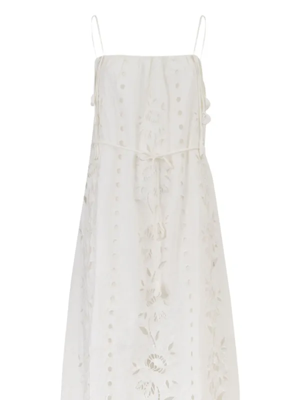 white richelieu sleeveless midi dress Farm Rio Embroidered Linen Midi Dress