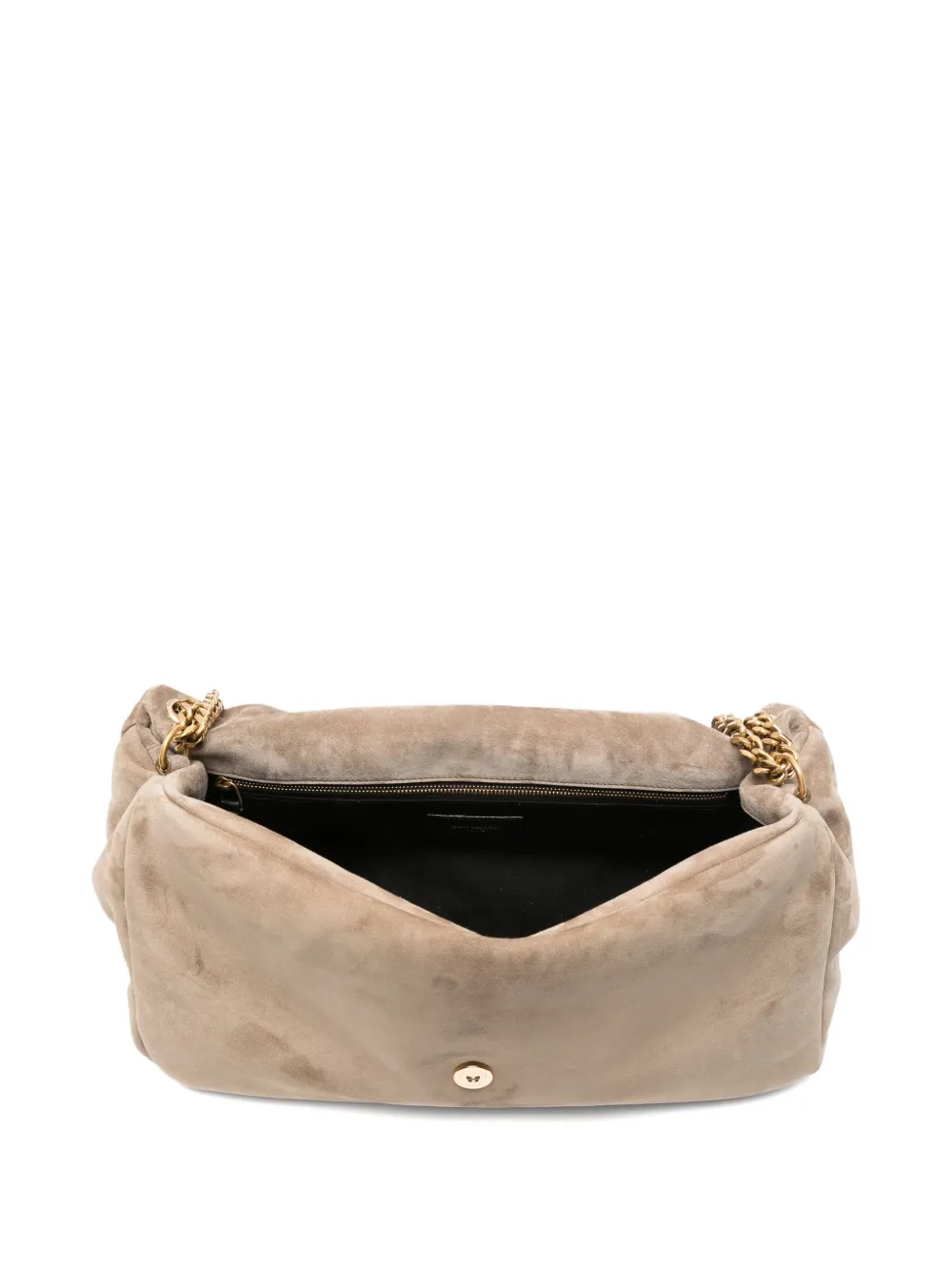 Saint Laurent Large Calypso Logo-plaque Suede Shoulder Bag In Neutral