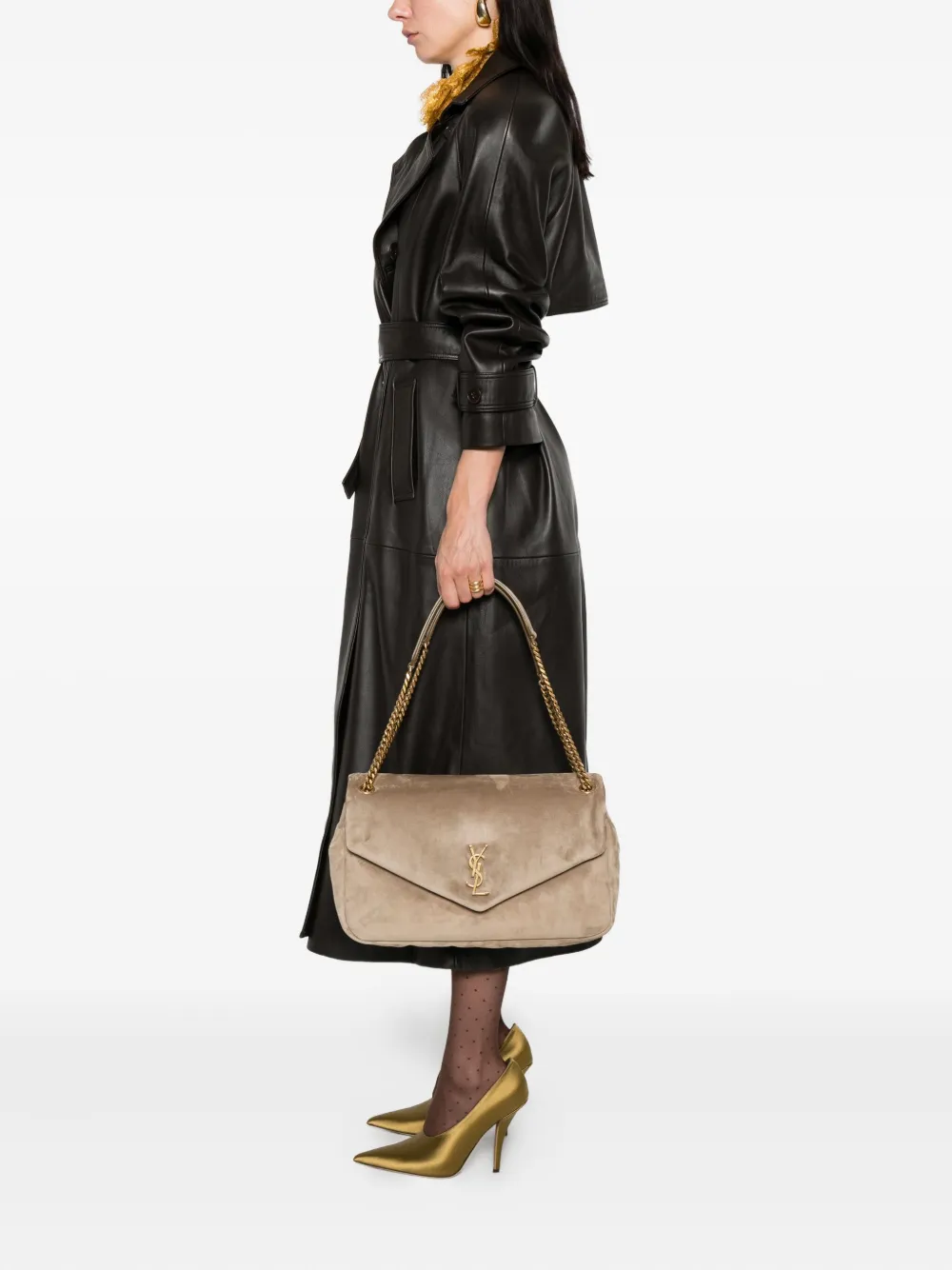 Saint Laurent Large Calypso Logo-plaque Suede Shoulder Bag In Neutral