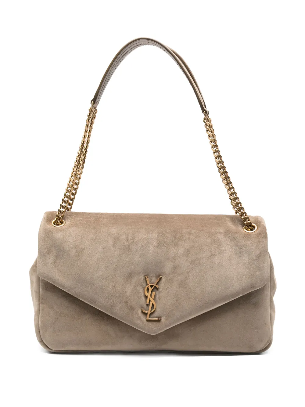 Saint Laurent large Calypso logo-plaque suede shoulder bag Beige