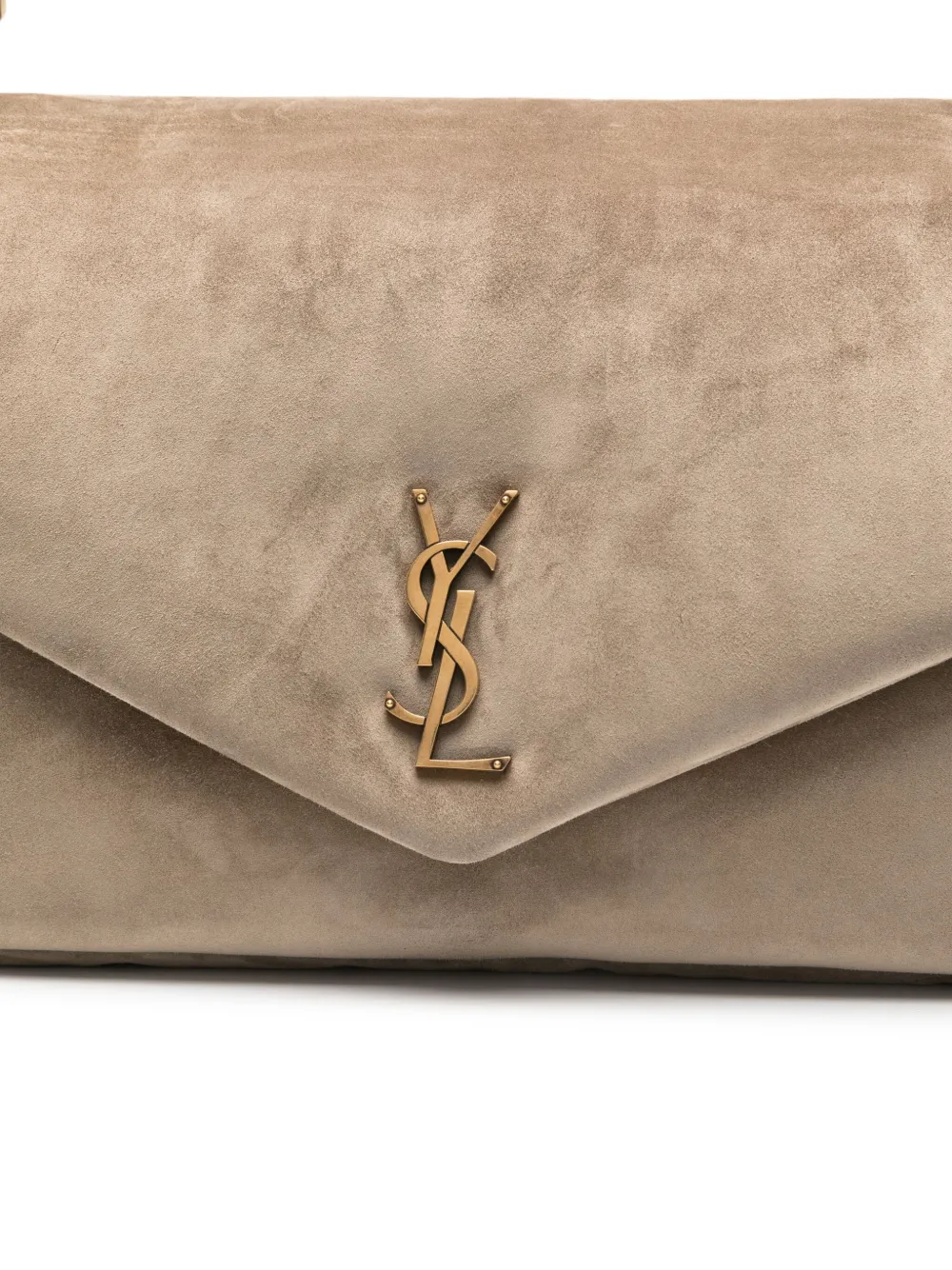 Saint Laurent Large Calypso Logo-plaque Suede Shoulder Bag In Neutral