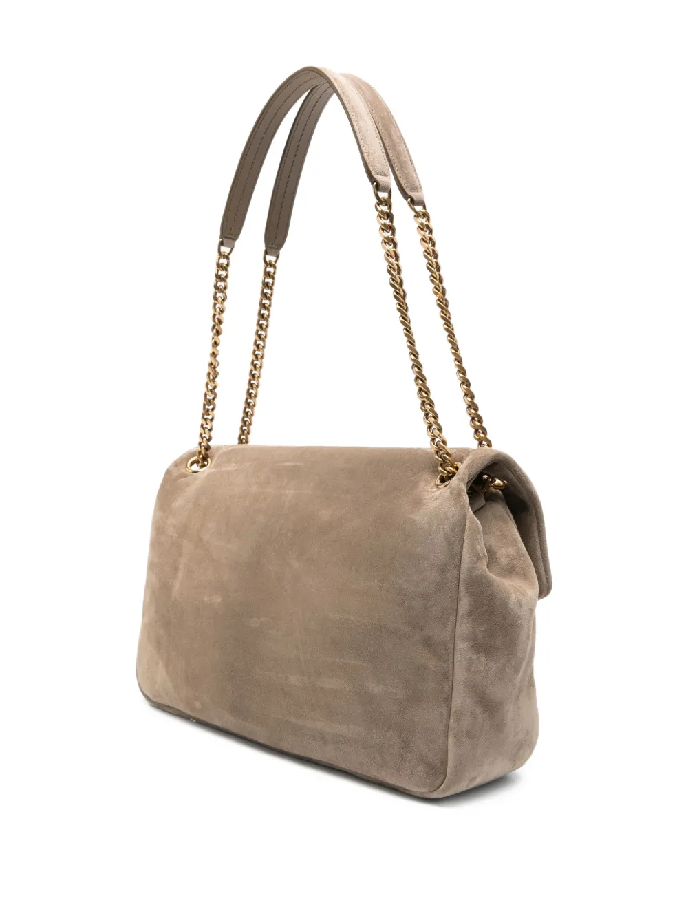 Saint Laurent Large Calypso Logo-plaque Suede Shoulder Bag In Neutral
