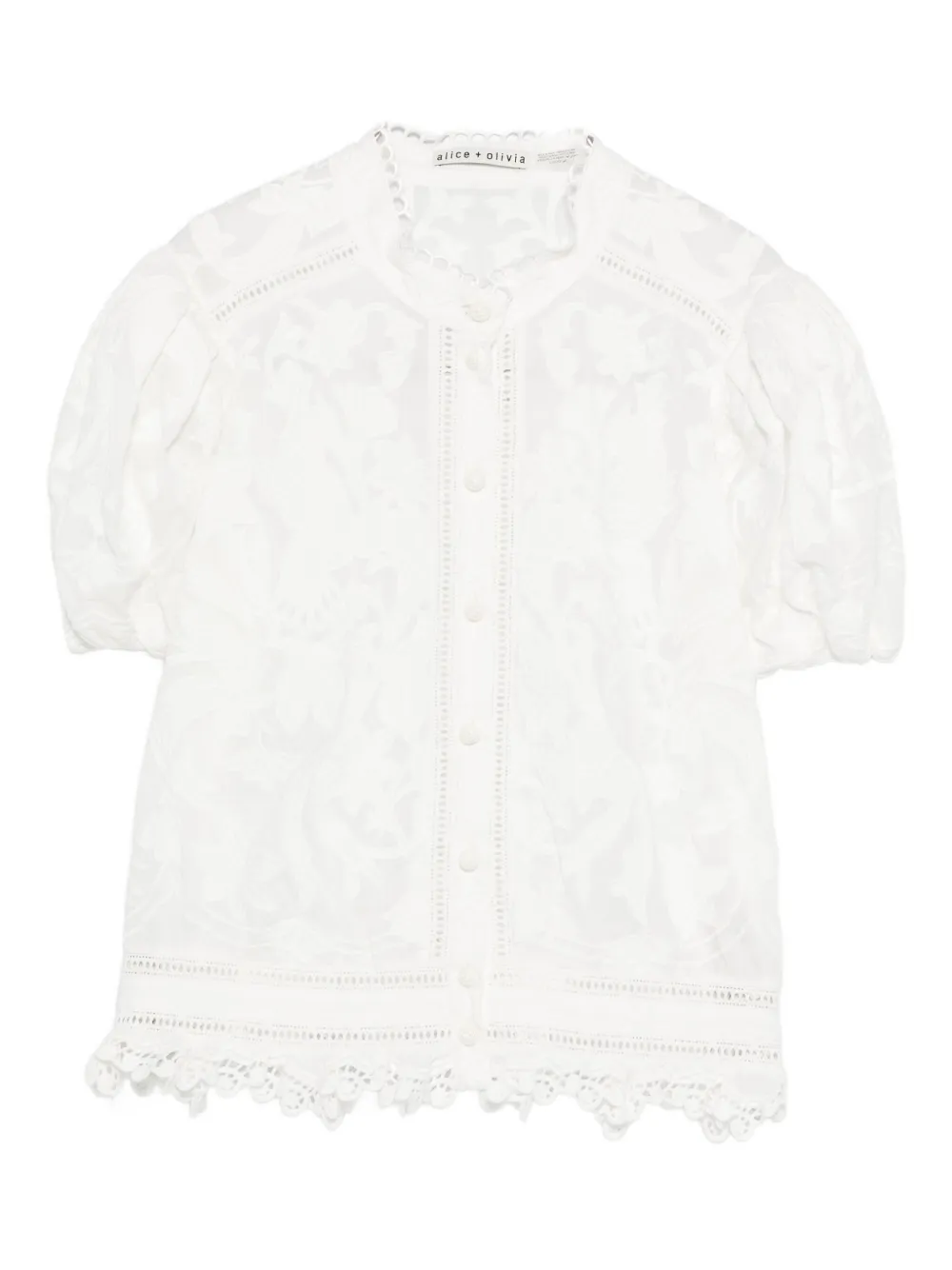 Alice And Olivia Loryn Embroidered Eyelet Puff Sleeve Top In White