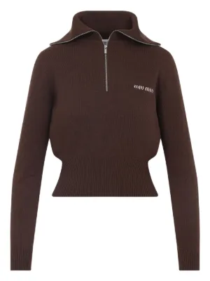 【みち】Miu Miu Docking Zip Knit Cable-knit cashmere zip-up sweater in brown - Miu Miu