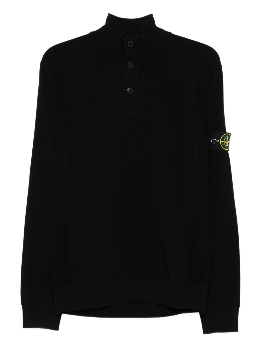 Stone Island High Collar Pullover With Buttoned Placket And Logo Patch In Black