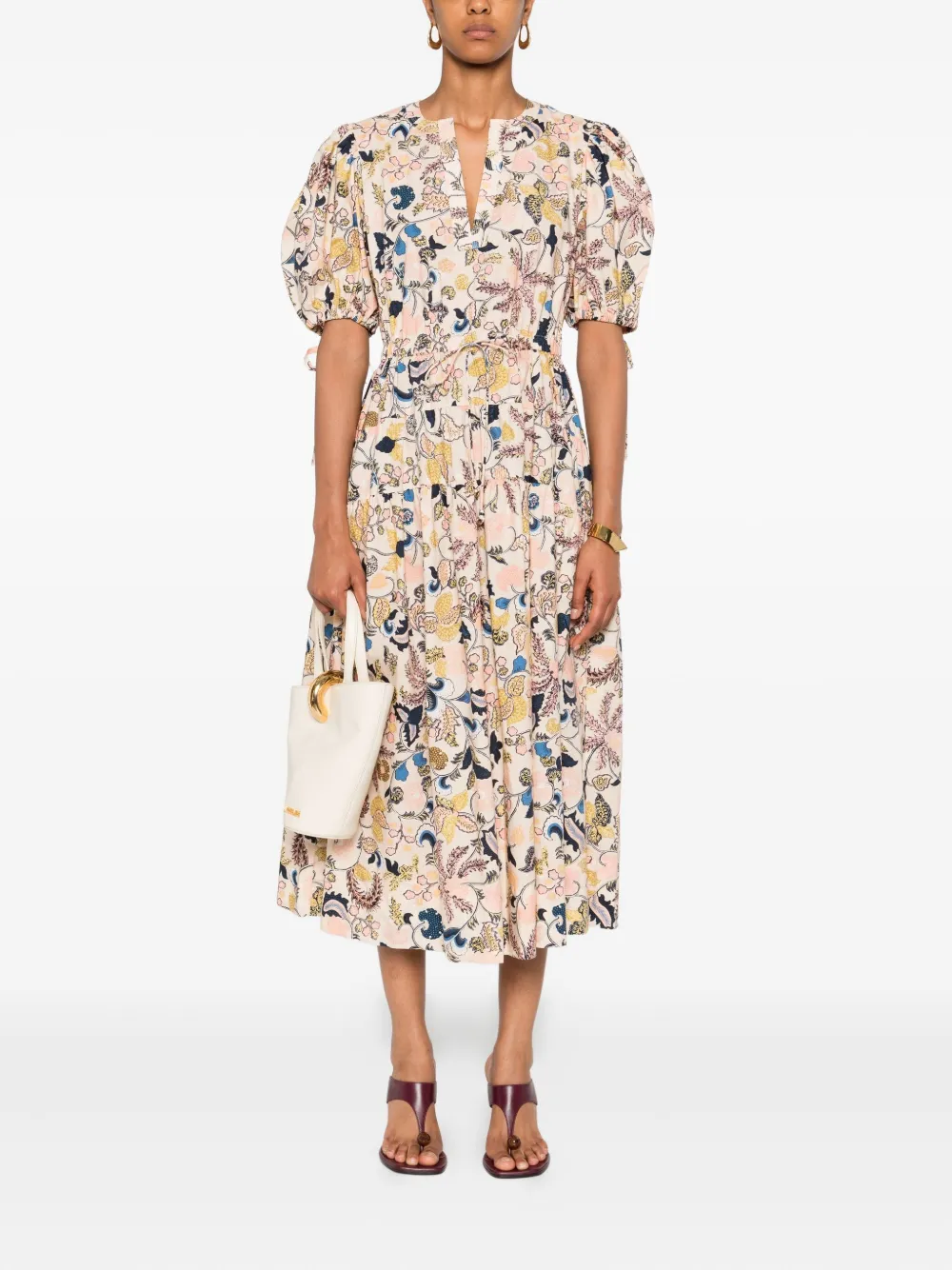 Ulla Johnson puff-sleeve floral midi dress Beige