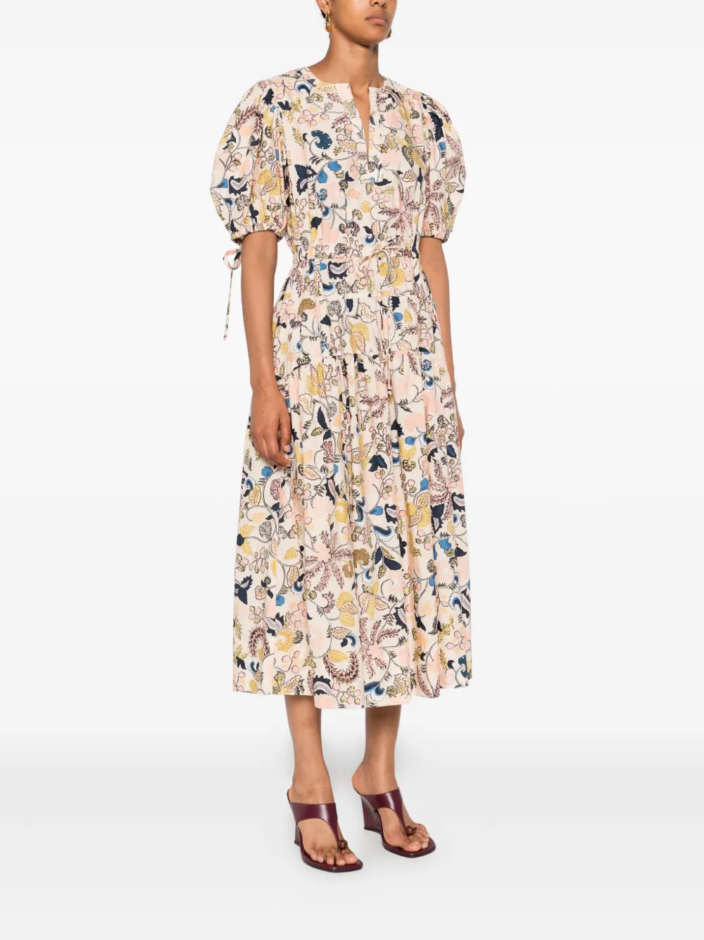 Ulla Johnson puff-sleeve floral midi dress Beige