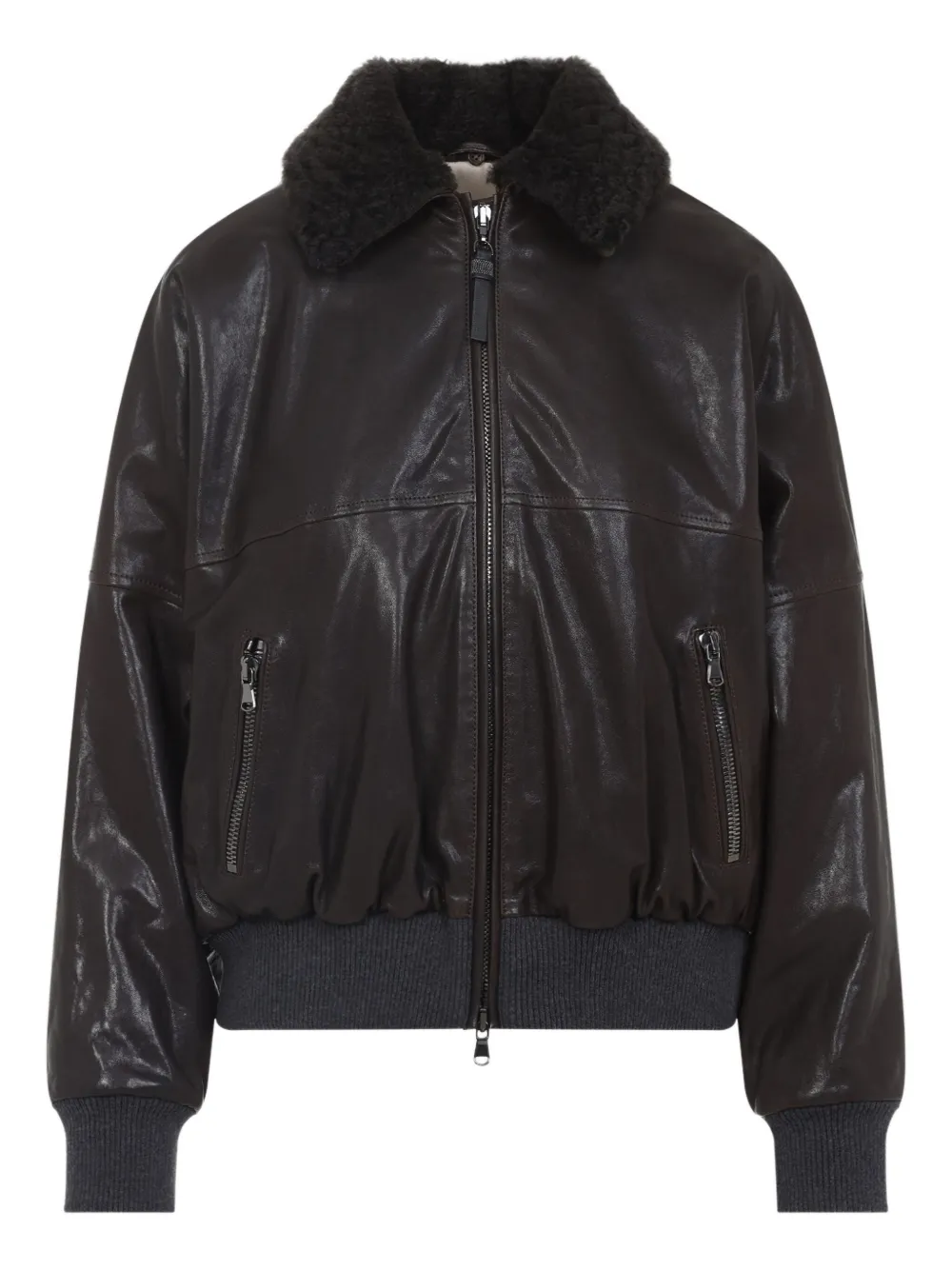 Brunello Cucinelli shearling-collar leather bomber jacket Bruin