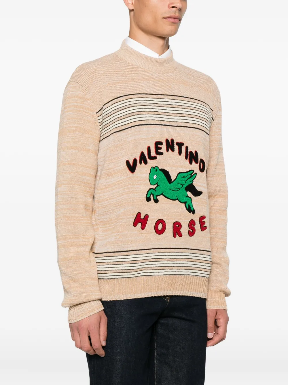 Valentino Garavani pegasus-embroidered striped sweater Beige